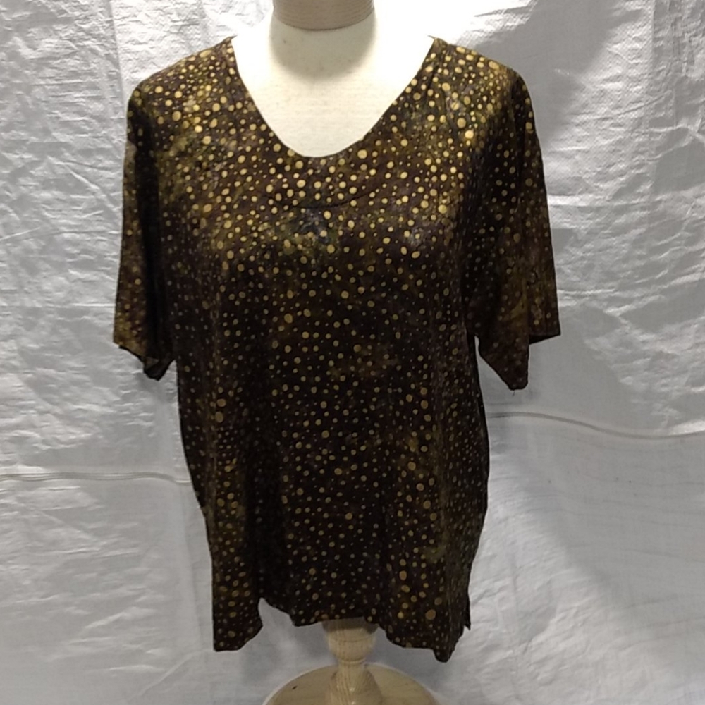 Tie Dyed Gold Polka Dot Rayon SS V-neck Top Sz Lg *Last Chance, then gone*